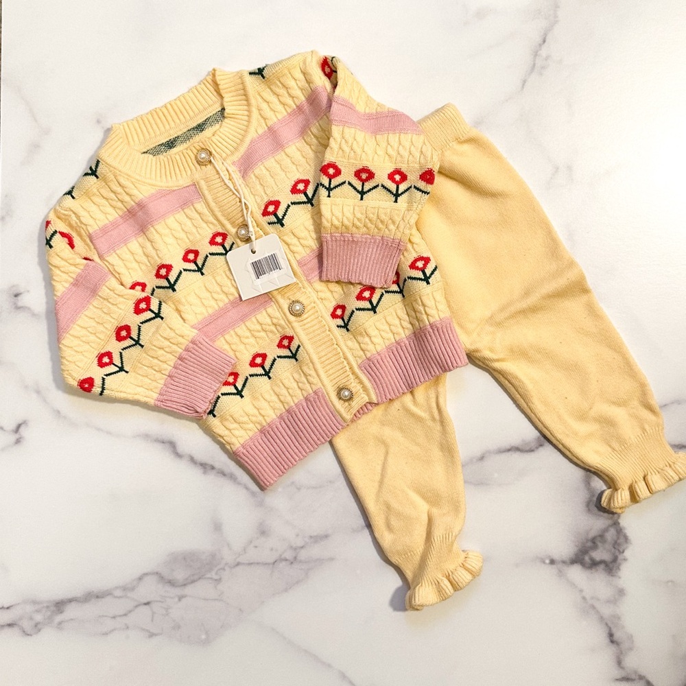 Floral Knit Cardigan and Pants Set